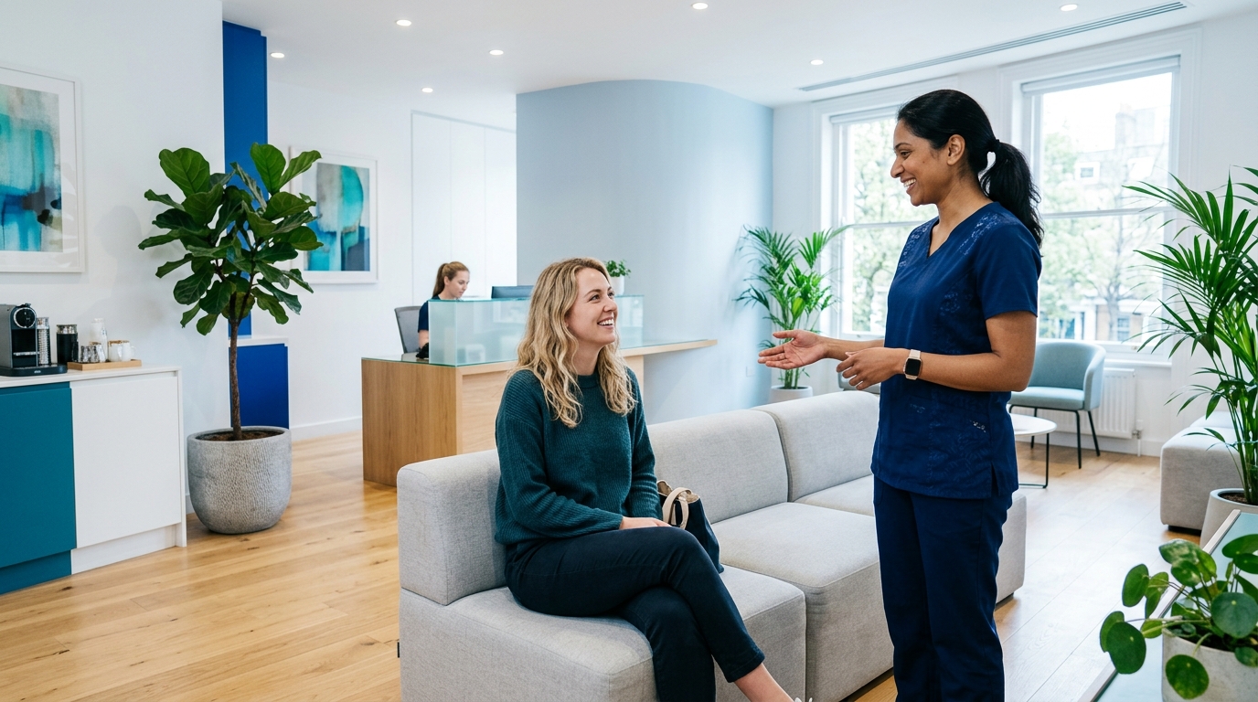 A friendly dentist warmly greeting a patient in a bright, modern Meridian reception