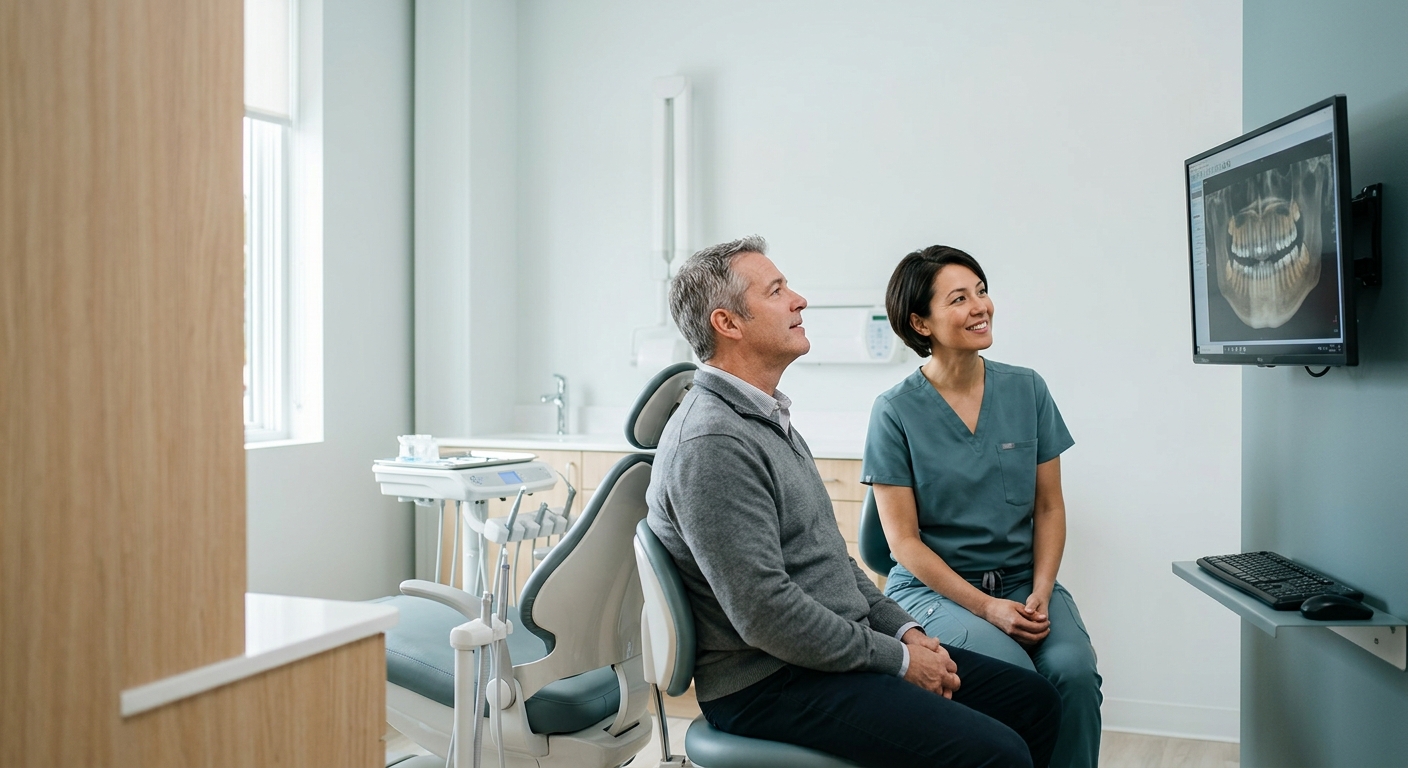 A Mistral Dental clinician reviewing a digital scan with a relaxed patient in a bright, modern operatory