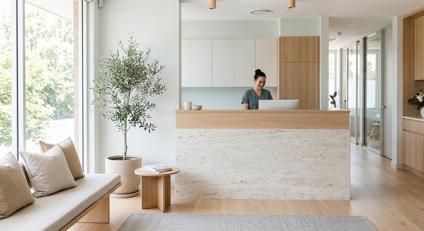 The calm, pale-stone reception of Mistral Dental