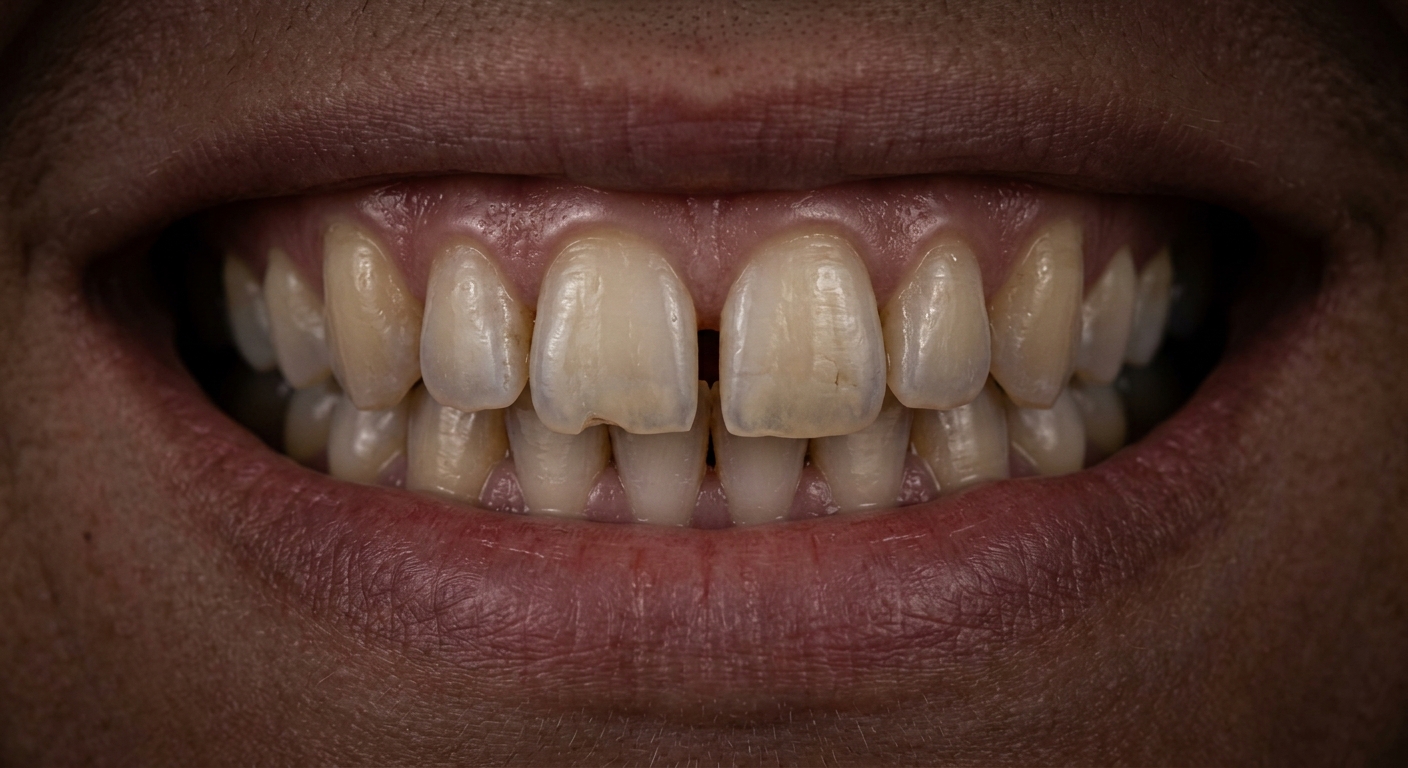 Before: worn incisal edges, a midline gap, and uneven shade across the front six.