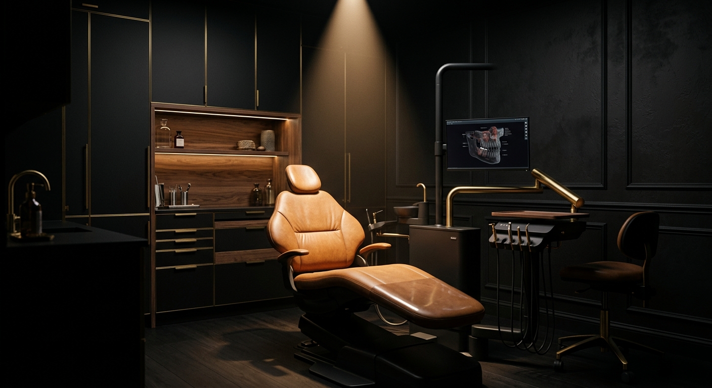 The dim, warm-lit operatory of Noir Dental Studio