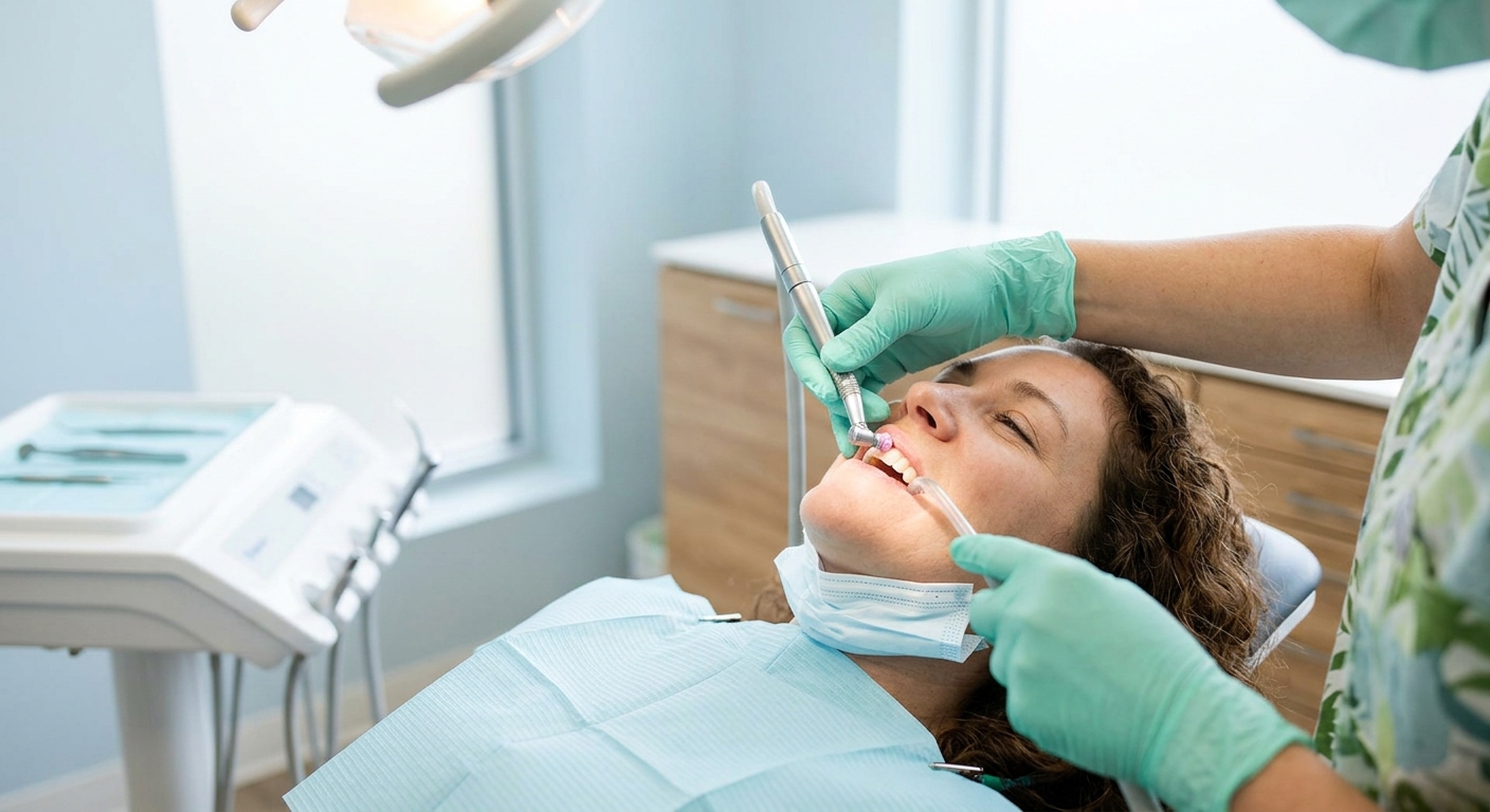 A PureSmile hygienist gently cleaning a patient's teeth