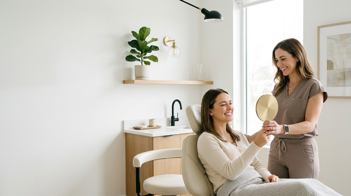 A cosmetic dentist showing a relaxed patient their new smile in a bright studio
