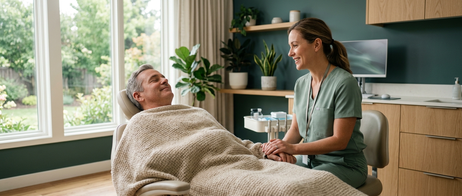 A dentist gently reassuring a relaxed patient in a calm, sunlit sedation suite