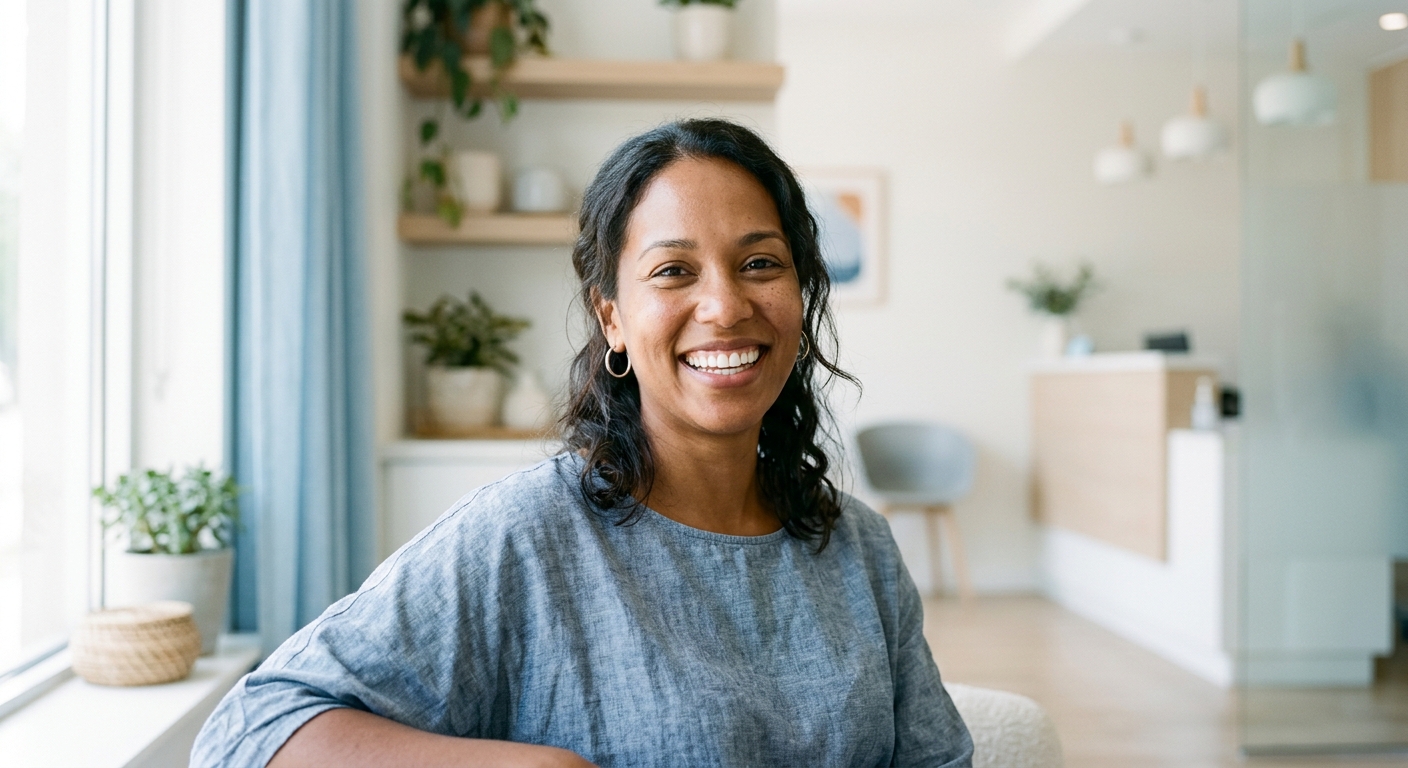 A close portrait of an adult with a natural, healthy smile