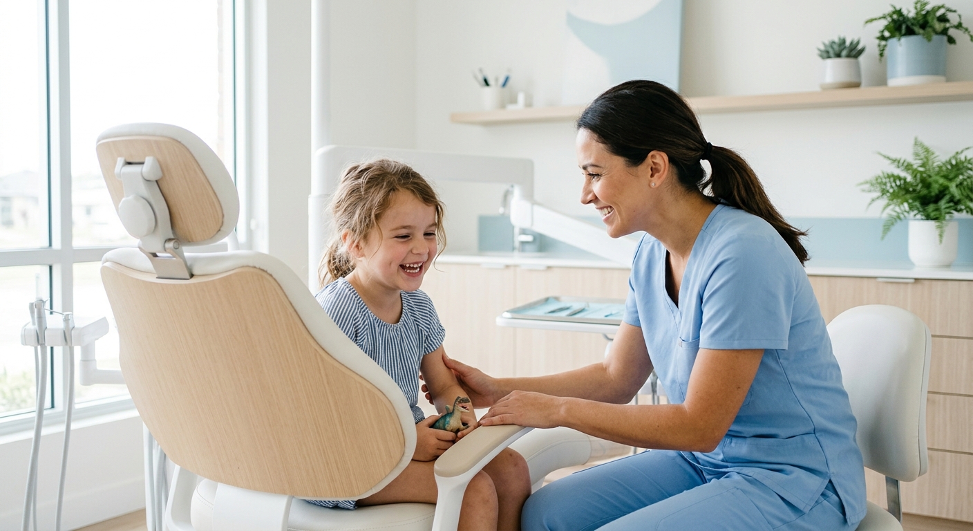 A young child smiling comfortably in a TideWell treatment chair