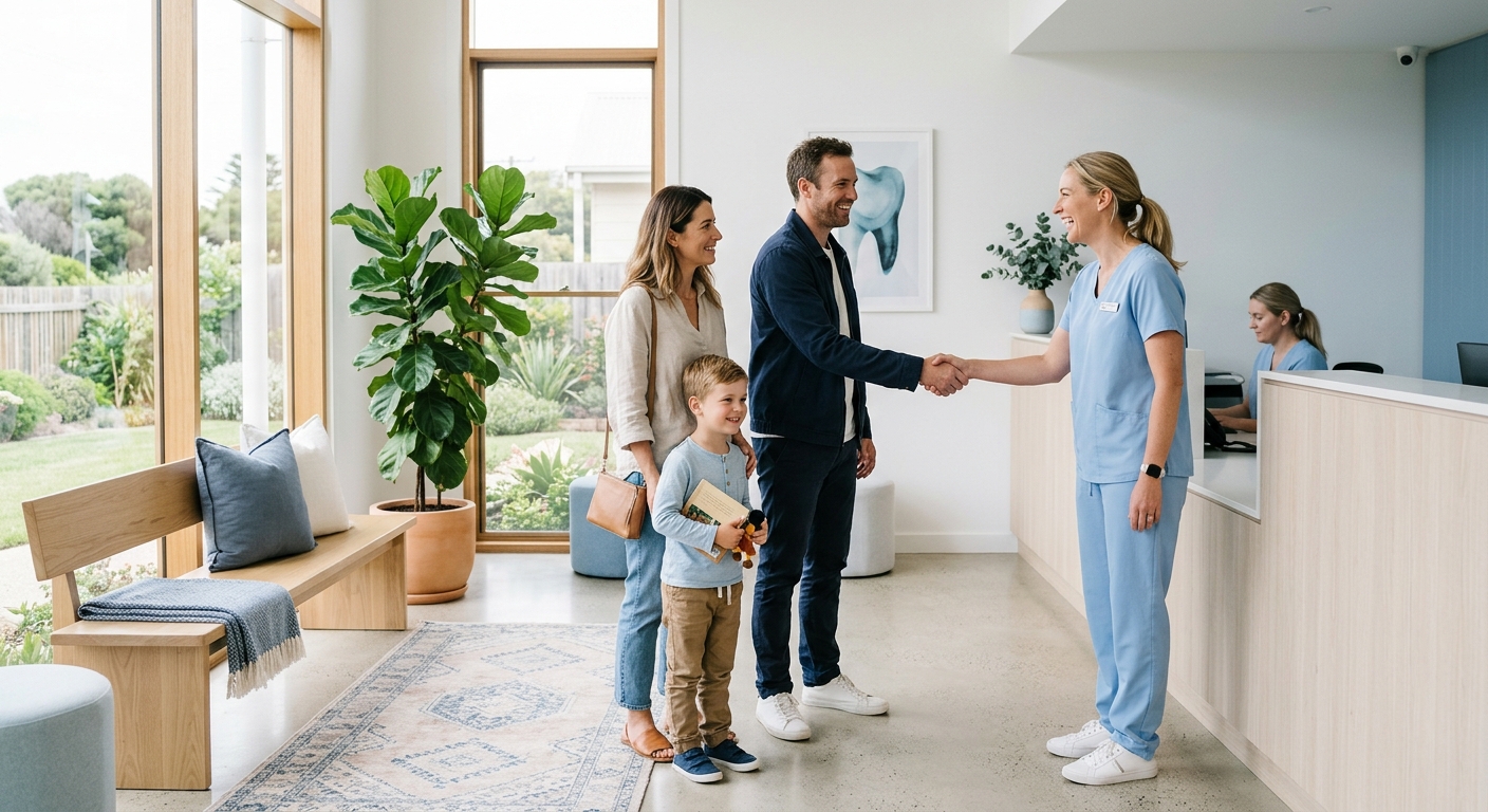 A friendly dentist warmly greeting a smiling family in a bright, plant-filled dental reception