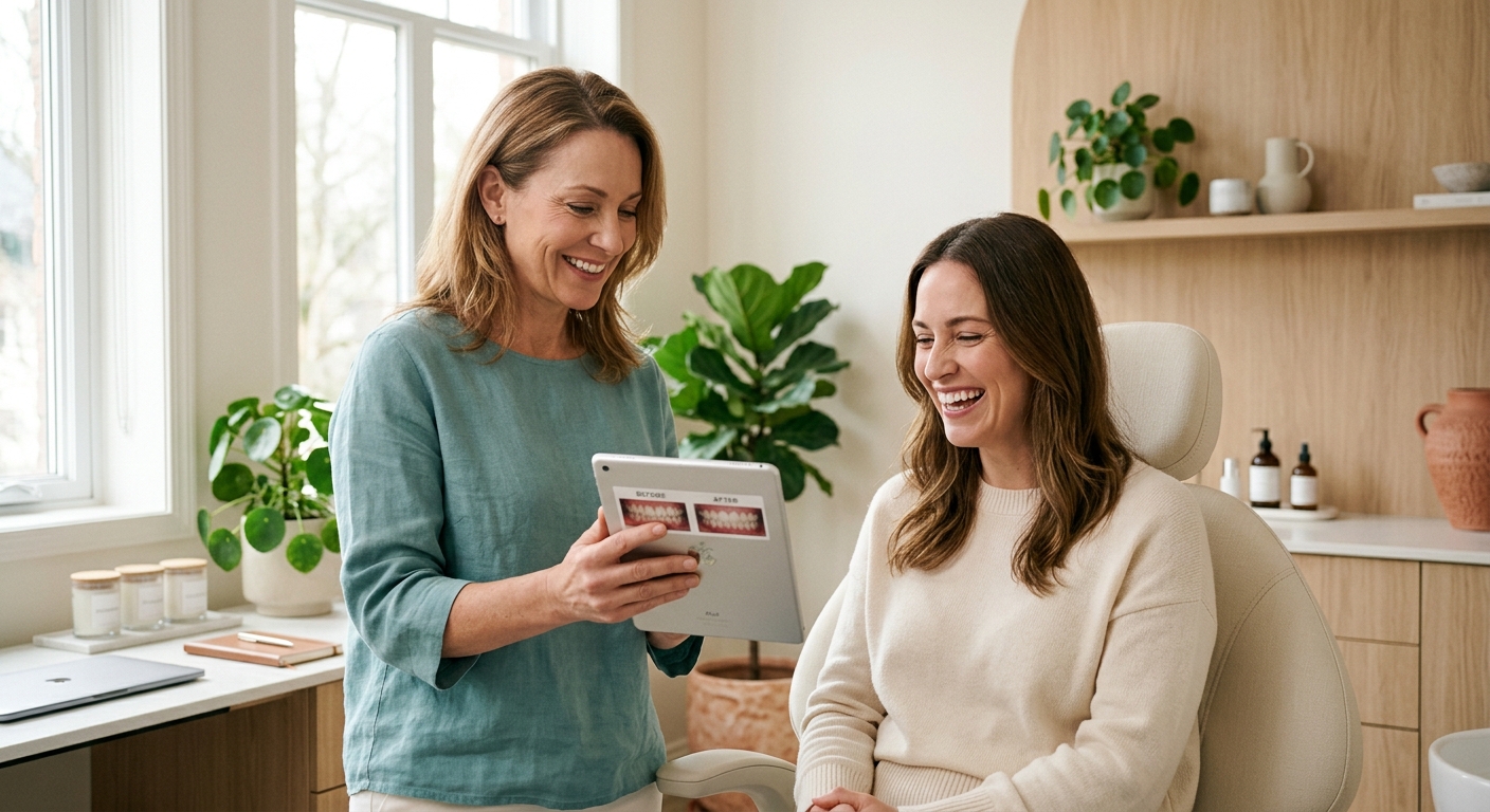 A cosmetic dentist showing a relaxed patient their new smile in a bright studio