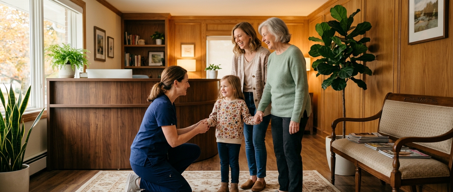 A friendly dentist warmly greeting a multigenerational family in a bright reception