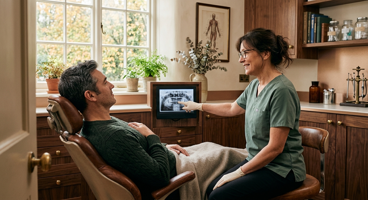 A relaxed patient in a treatment chair with a gentle dentist beside them