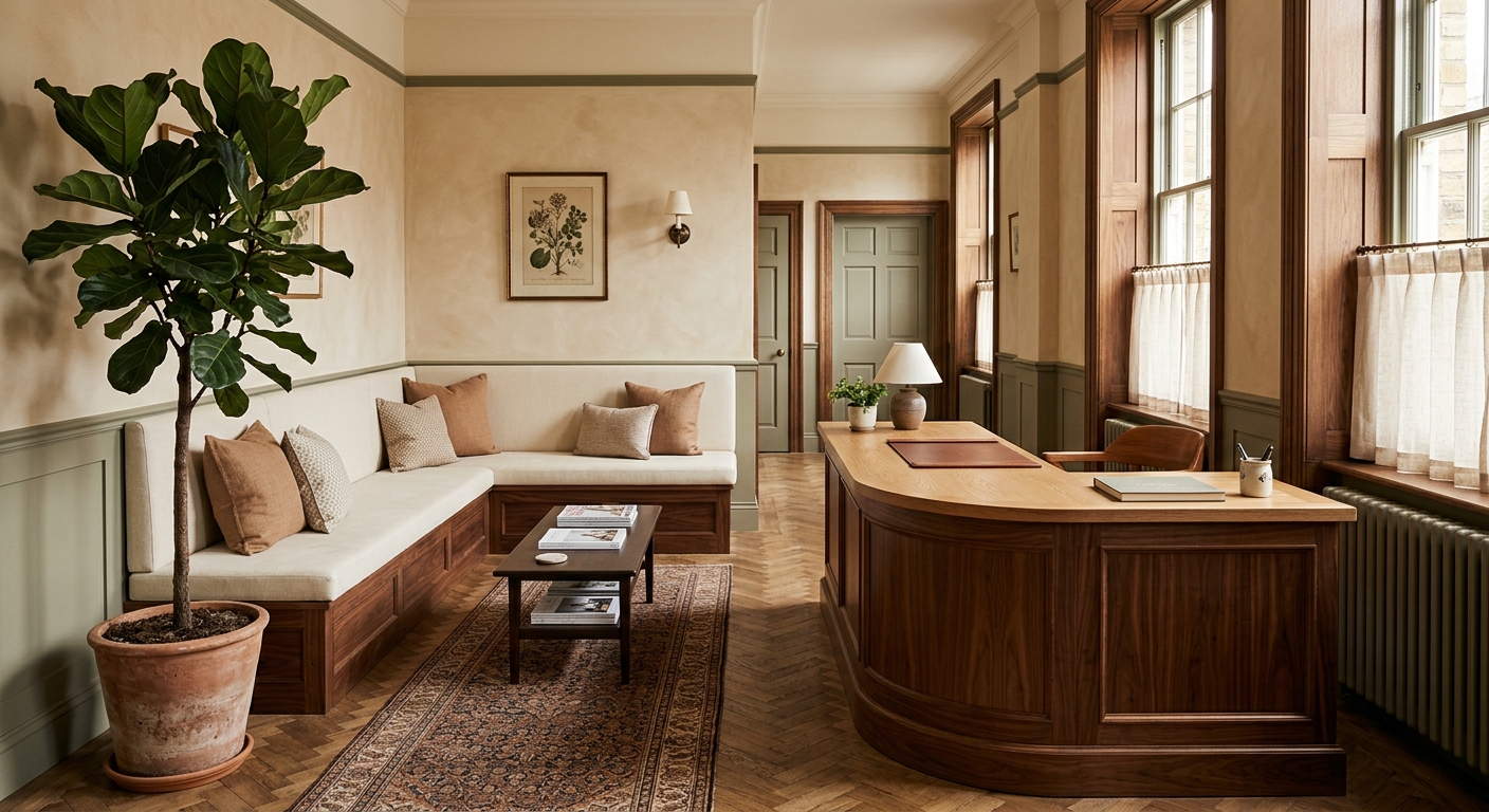 The warm, wood-panelled reception at Wexbridge Family Dentistry
