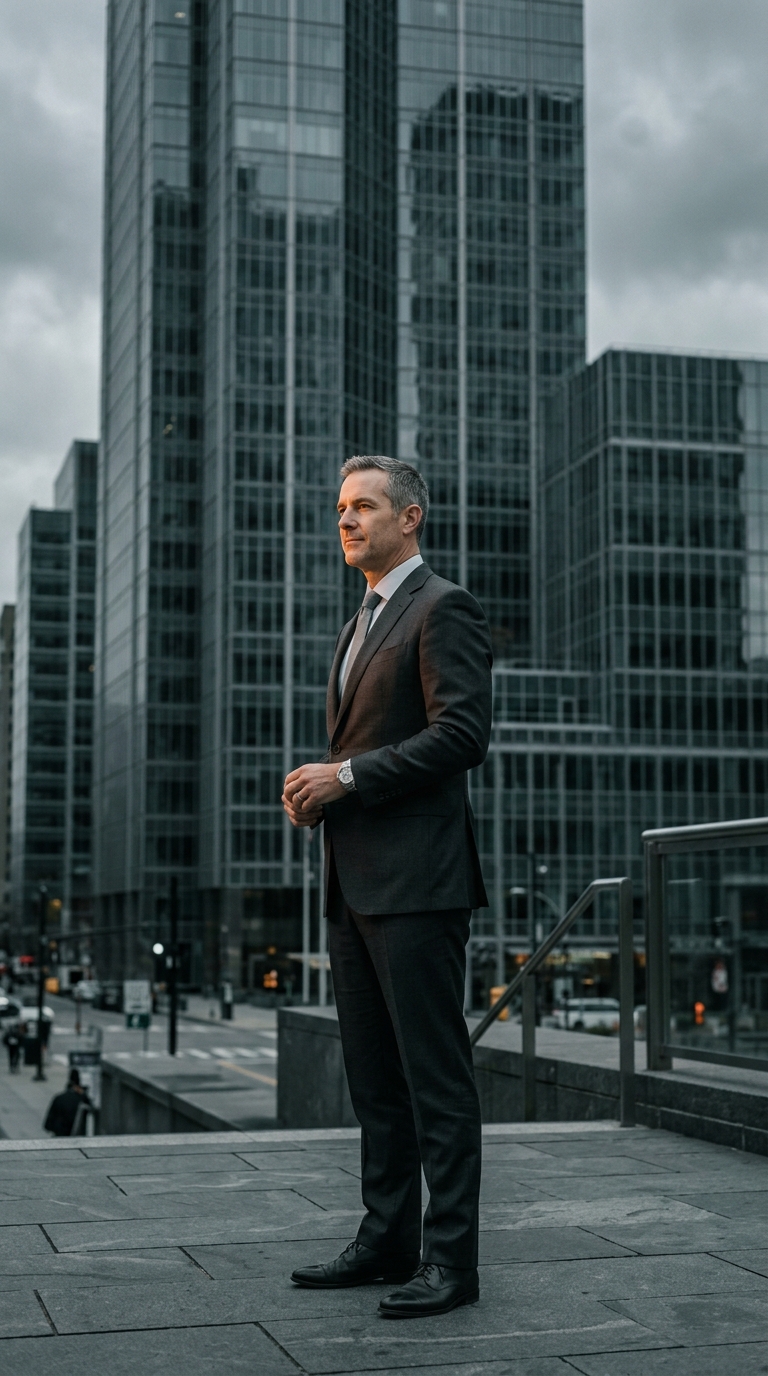 Executive standing before a city skyline