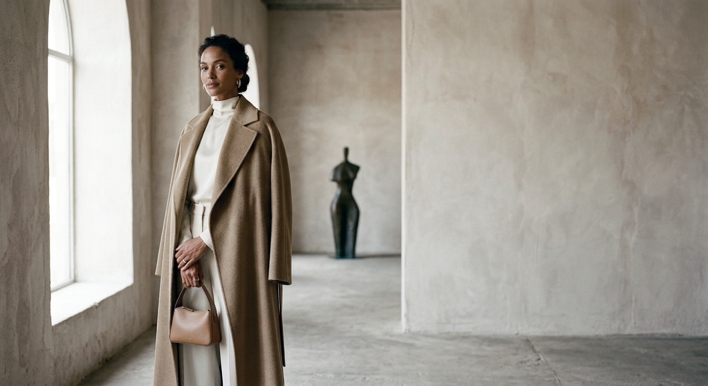 A figure in a draped camel wool coat in a quiet gallery space