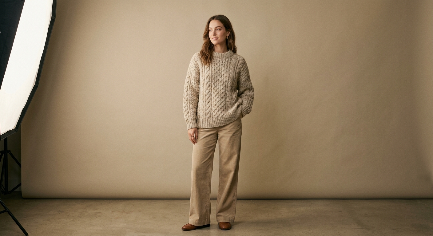 A figure in the Halden cable knit