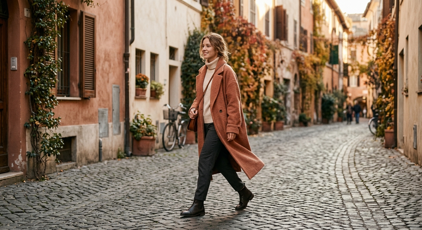 A figure in a wool coat on a quiet autumn street