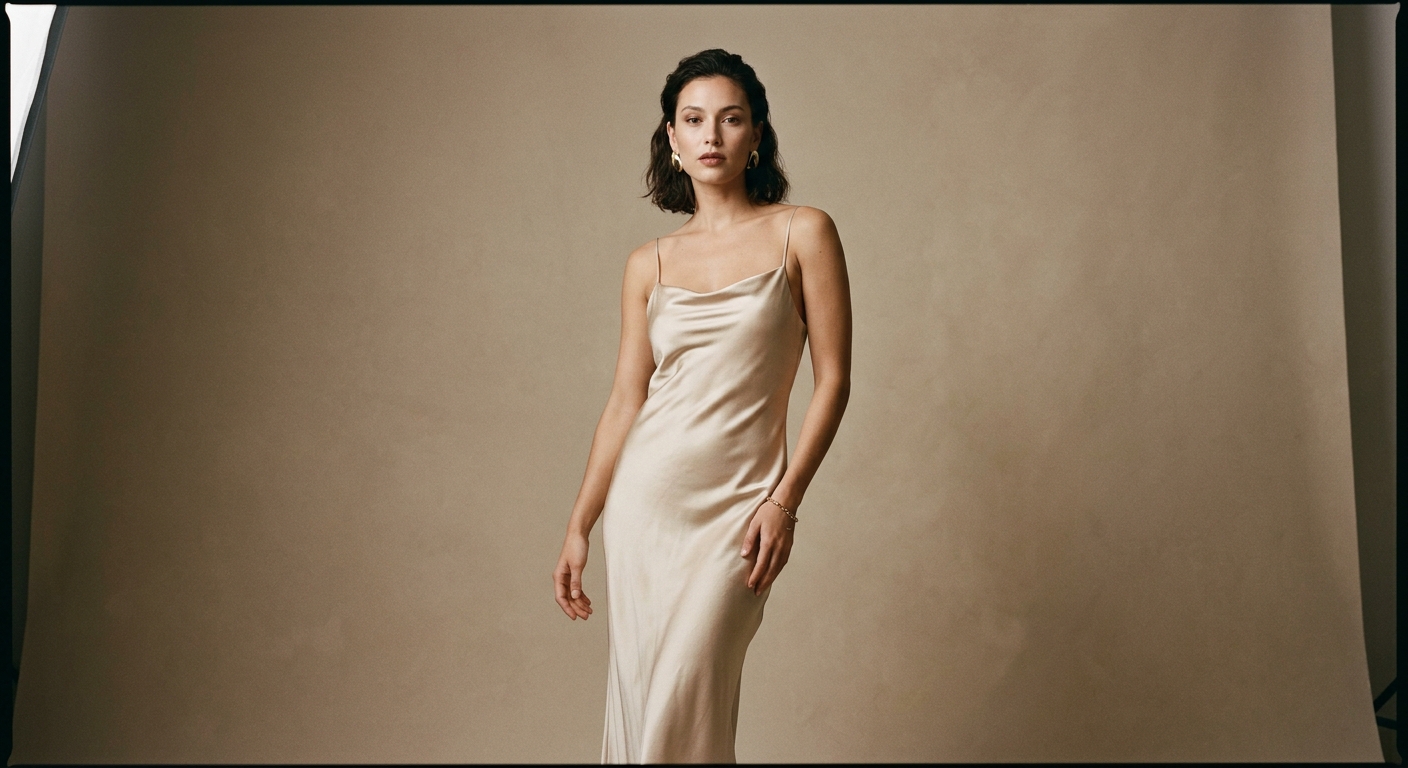 A woman in the Verona bias-cut silk slip dress