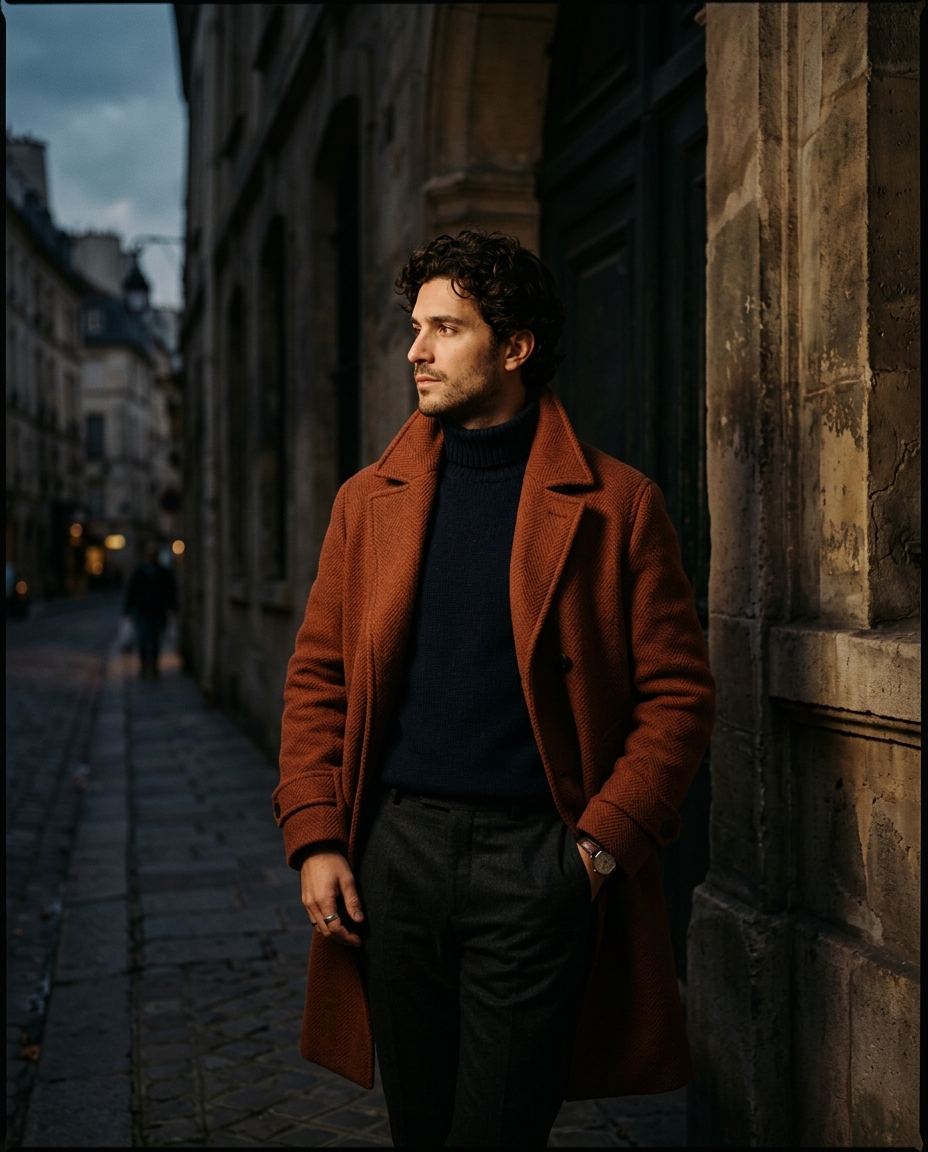 A figure in a wool overcoat on a quiet street
