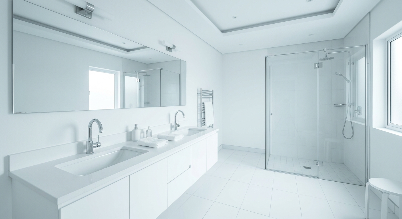 A bright, spotless modern white bathroom with twin basins and a walk-in shower