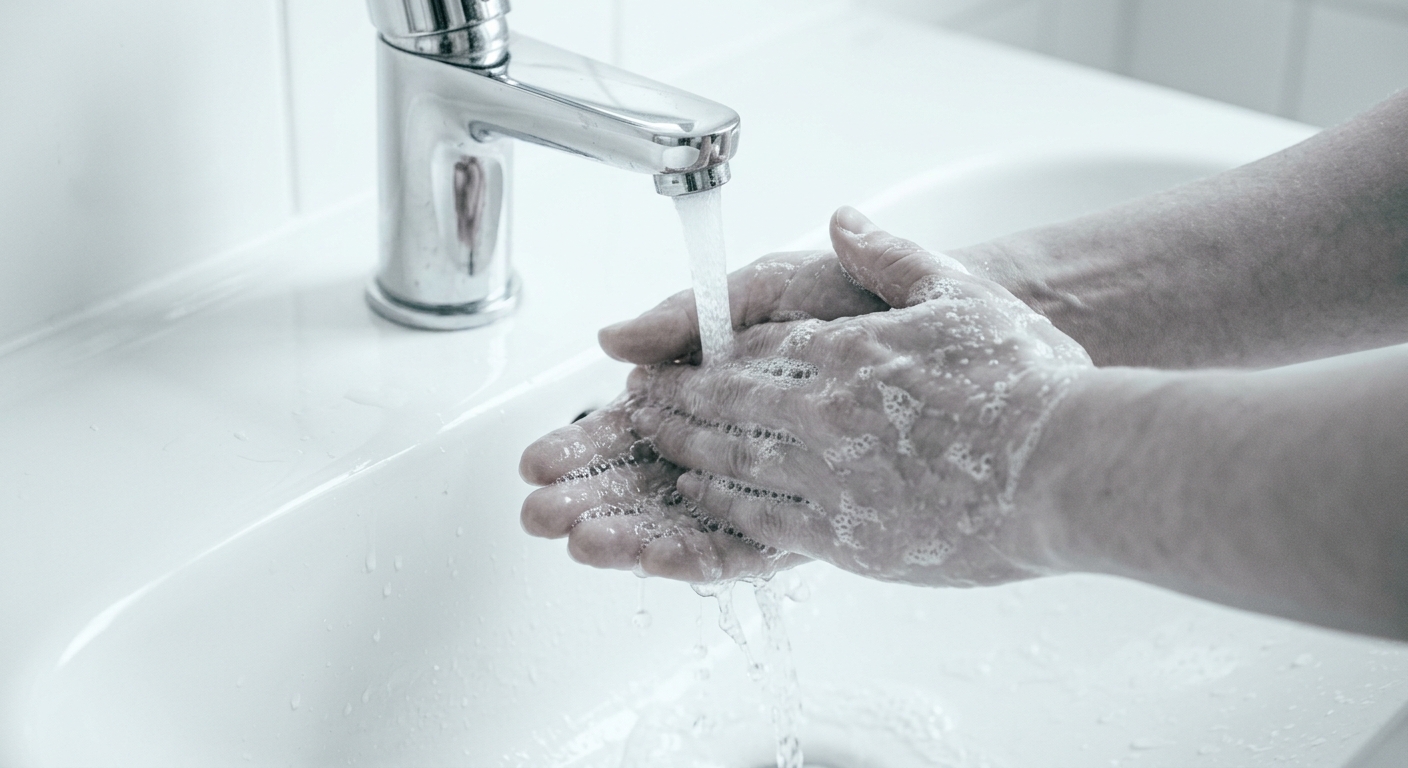 Hands washing under running water from a chrome tap