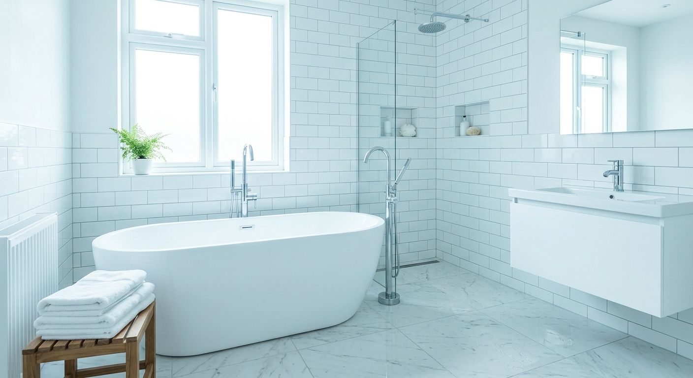 A newly renovated white bathroom with a freestanding tub