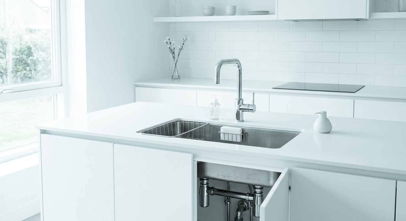 A modern white kitchen with a stainless steel sink and chrome tap