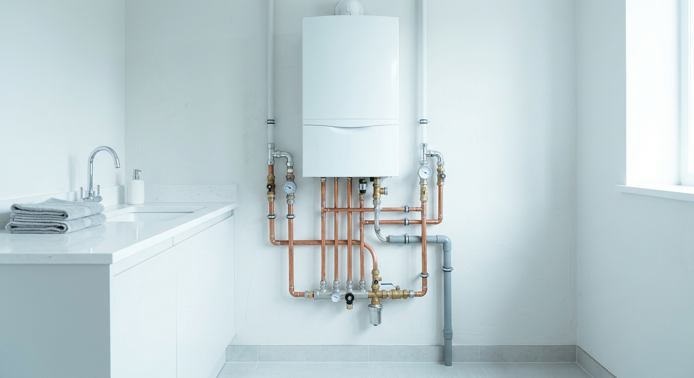 A wall-mounted white boiler with clean copper pipework