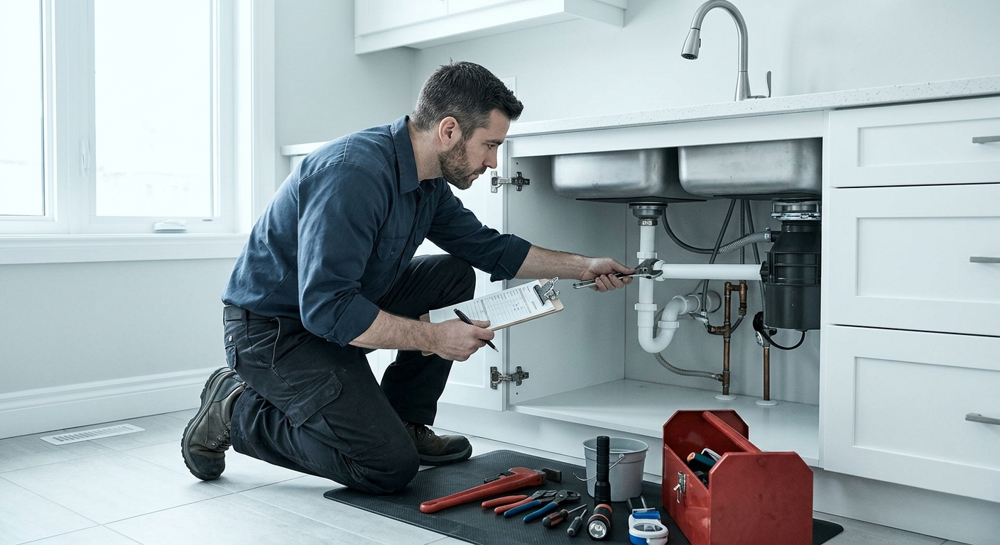 A Tidewell plumber inspecting pipework under a sink with a clipboard