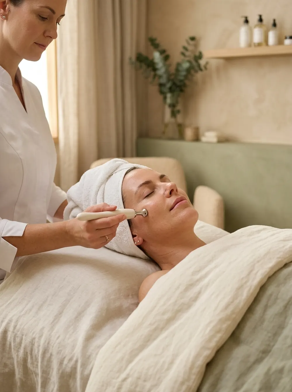 Client with a towel headband receiving a calm facial treatment