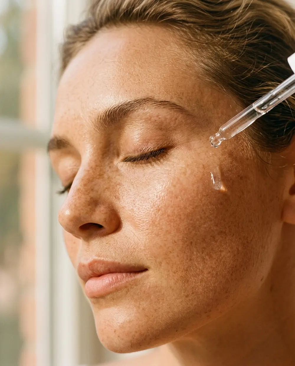 Close view of a client with eyes closed as a clear serum drop falls toward her cheek