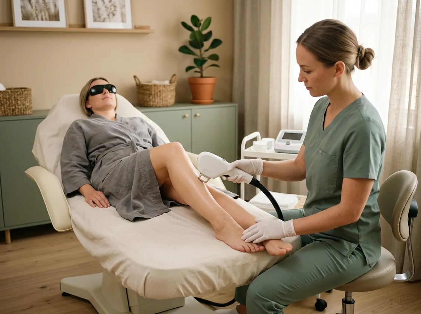 Clinician holding a laser hair removal handpiece against a client's lower leg