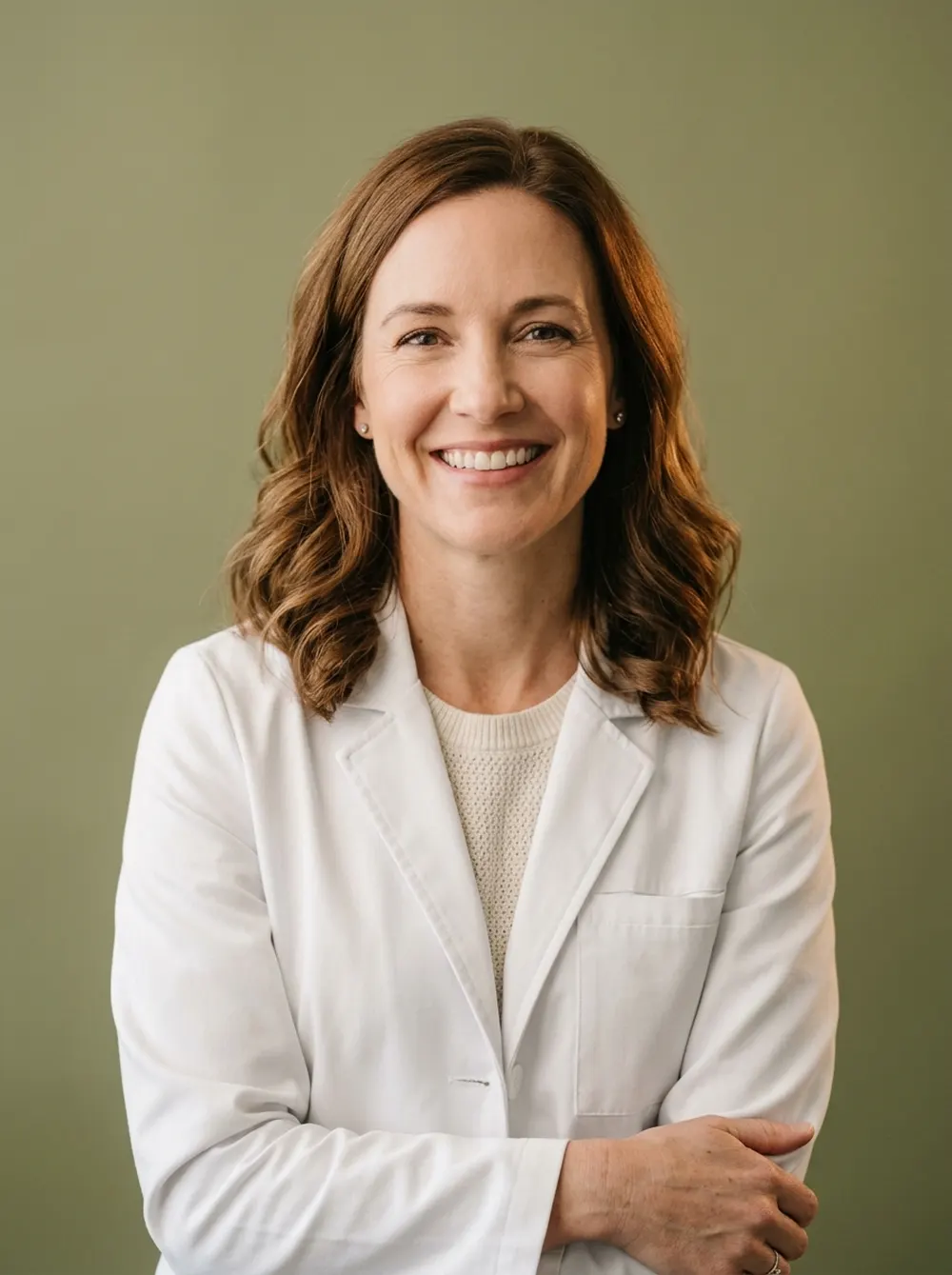 Claire Hollis, nurse practitioner, smiling in a white clinical coat