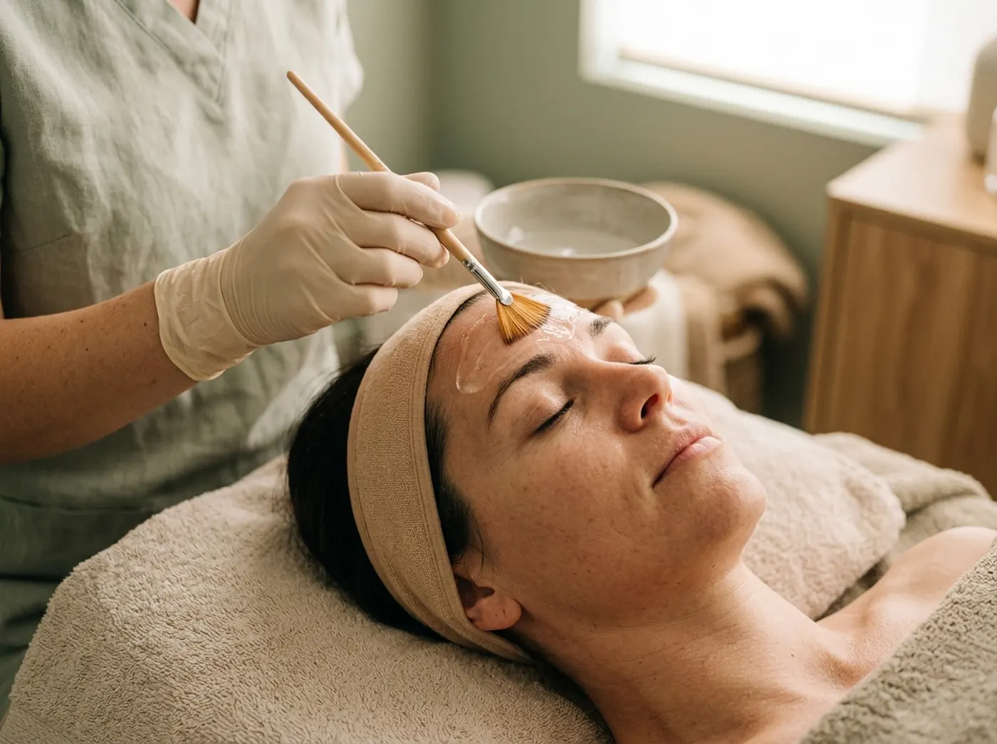 Aesthetician brushing a clear peel solution across a client's forehead