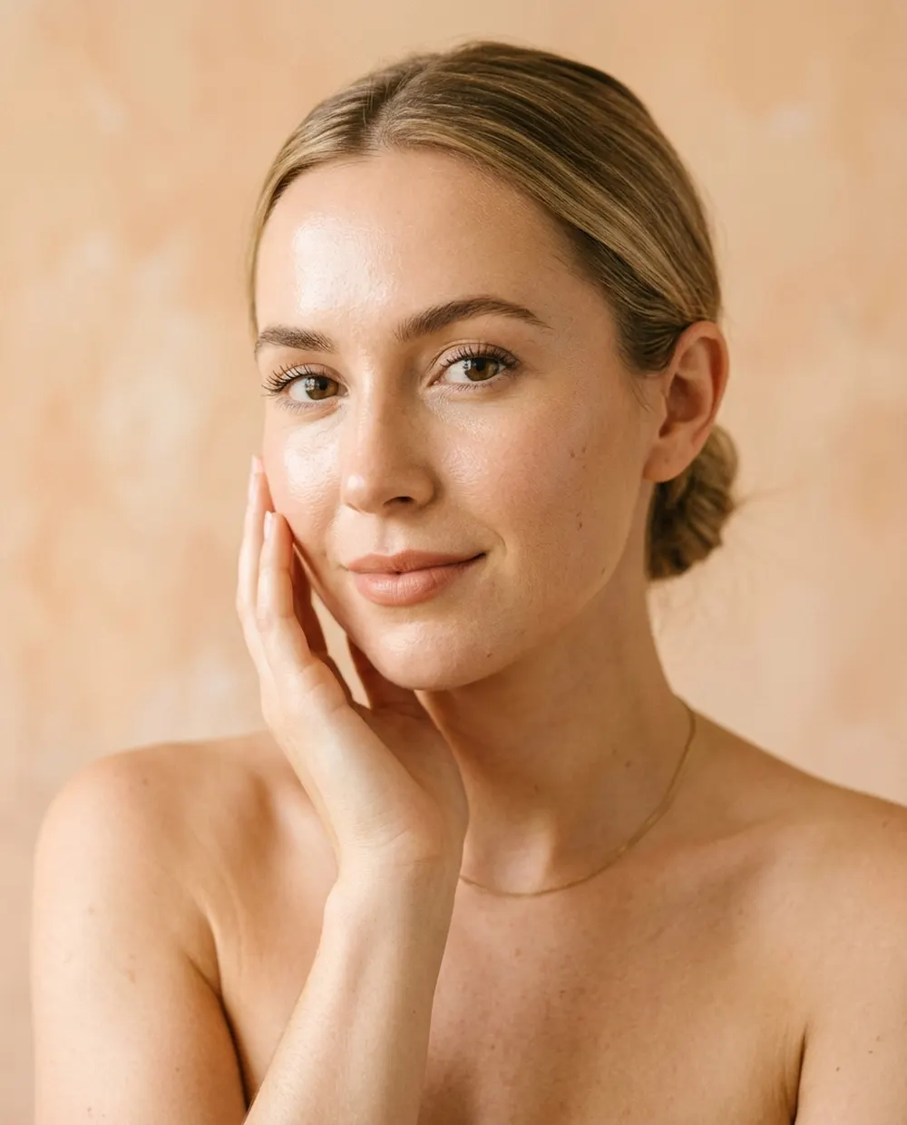 Client with glowing skin resting one hand on her cheek against a warm sand backdrop