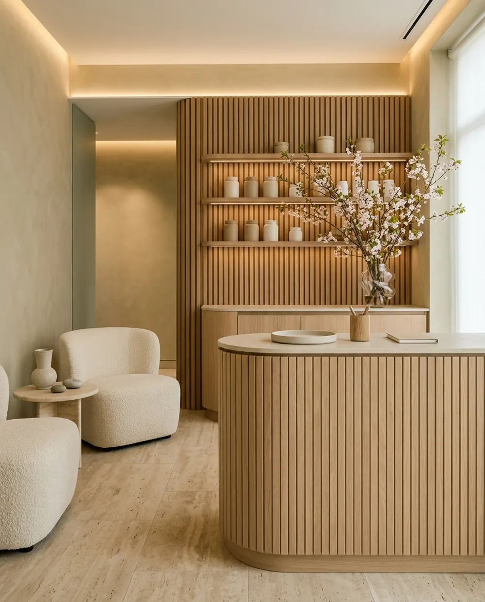 Linden Aesthetics reception with a fluted oak desk, cream lounge chairs and blossom branches