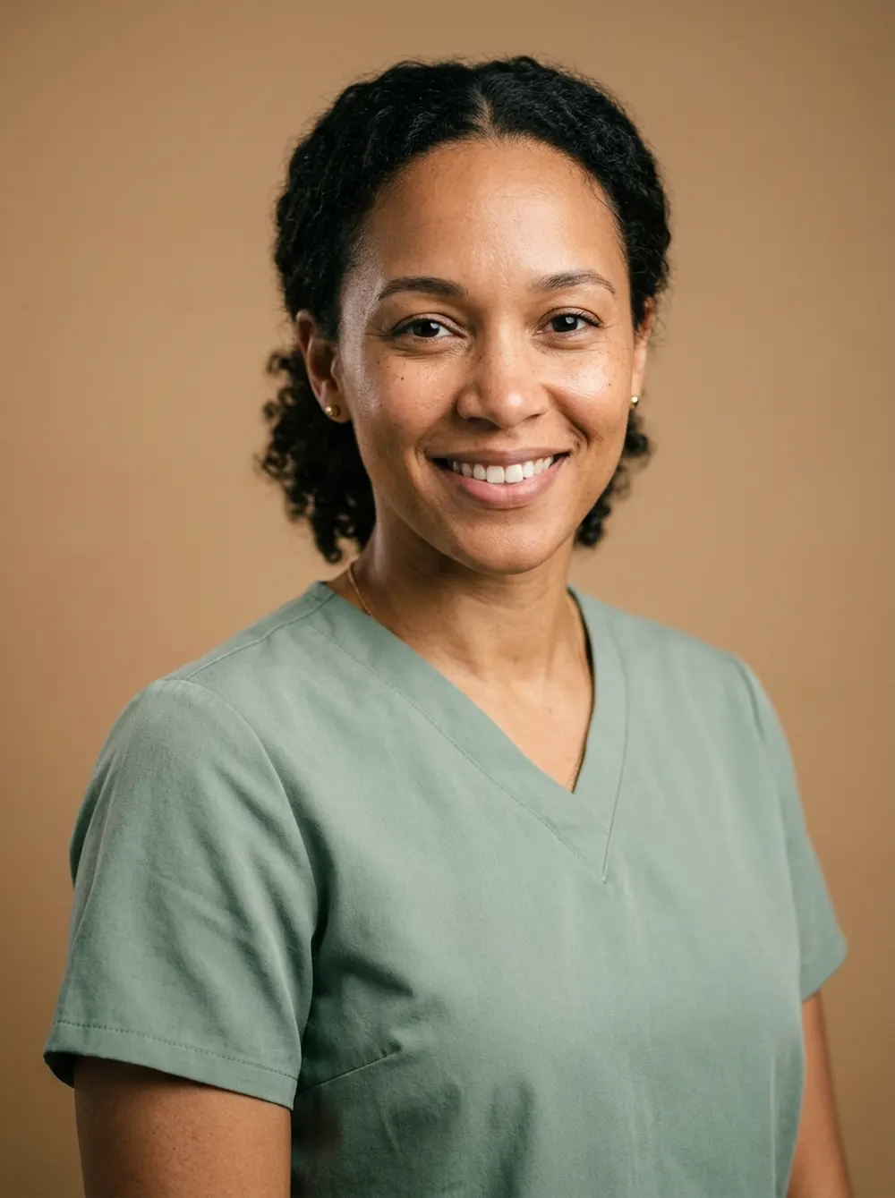 Dana Okafor, registered nurse, smiling in a sage scrub top