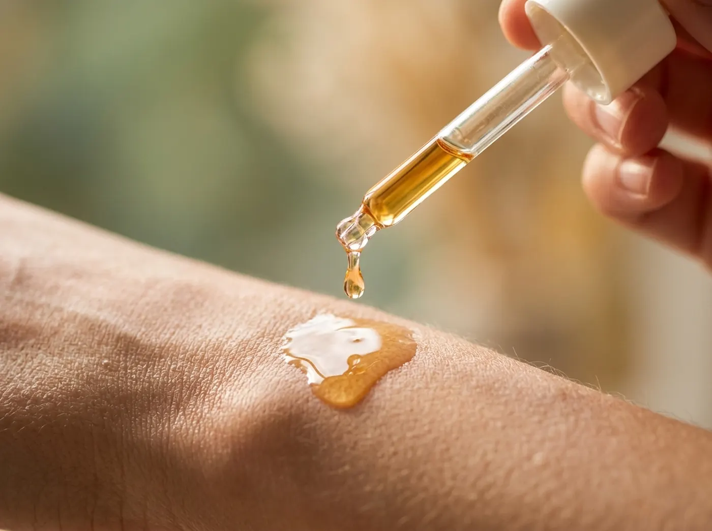 Golden serum falling from a glass dropper onto the inner wrist