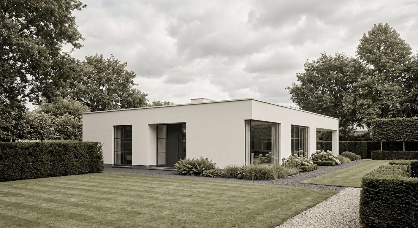 A white cubic modern house with glazing set among trees
