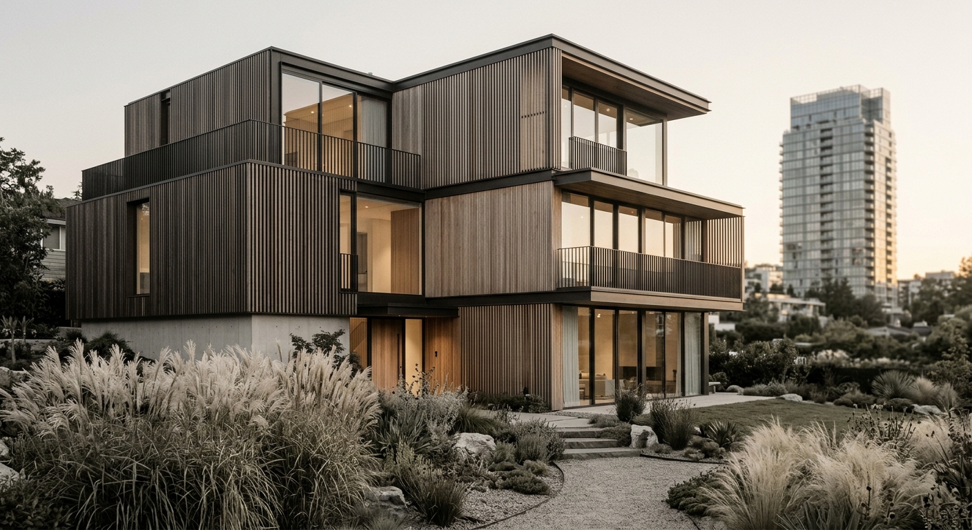 Timber and glass residence at golden hour