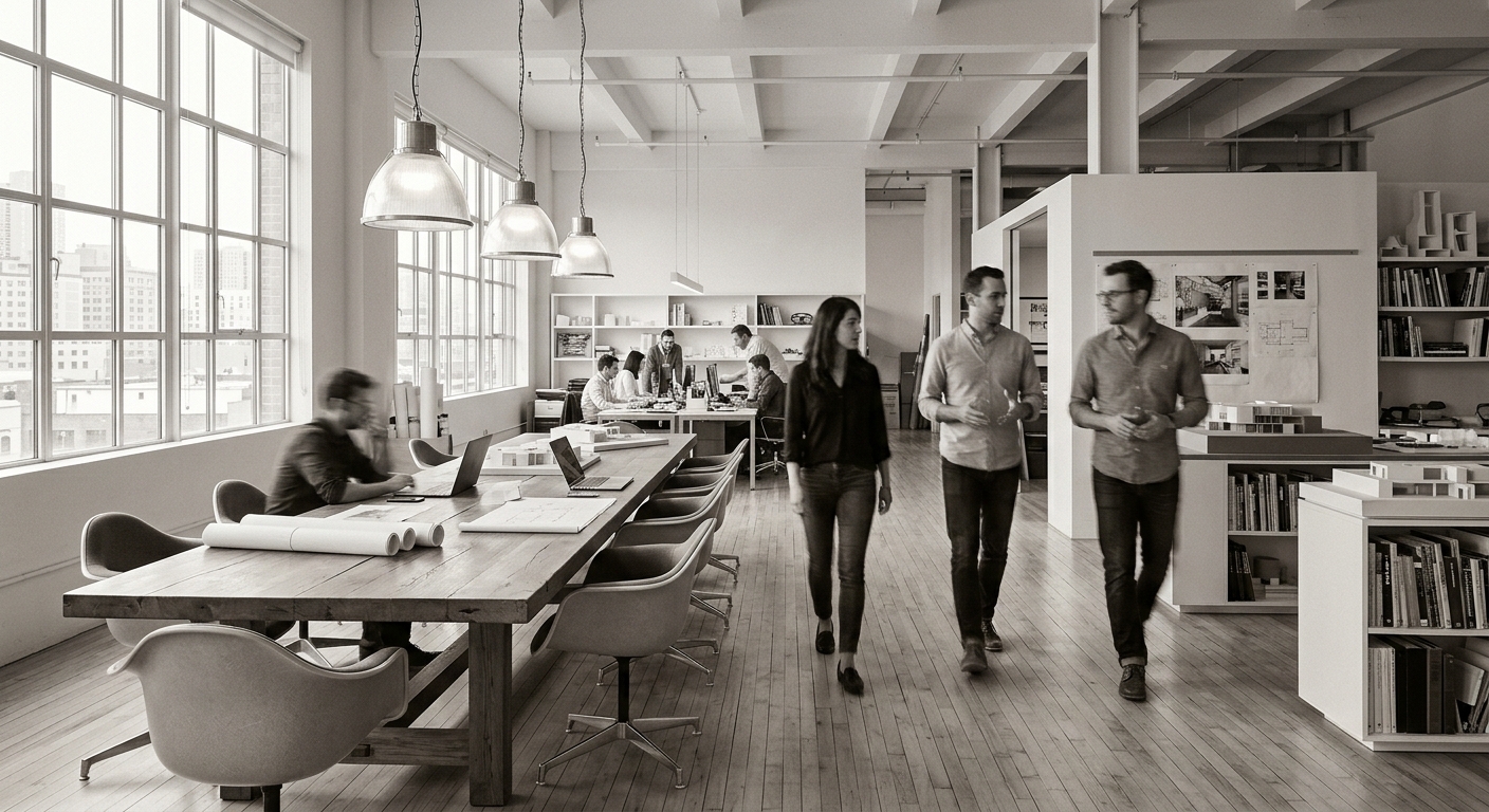 The Grayform studio, an open workspace with people