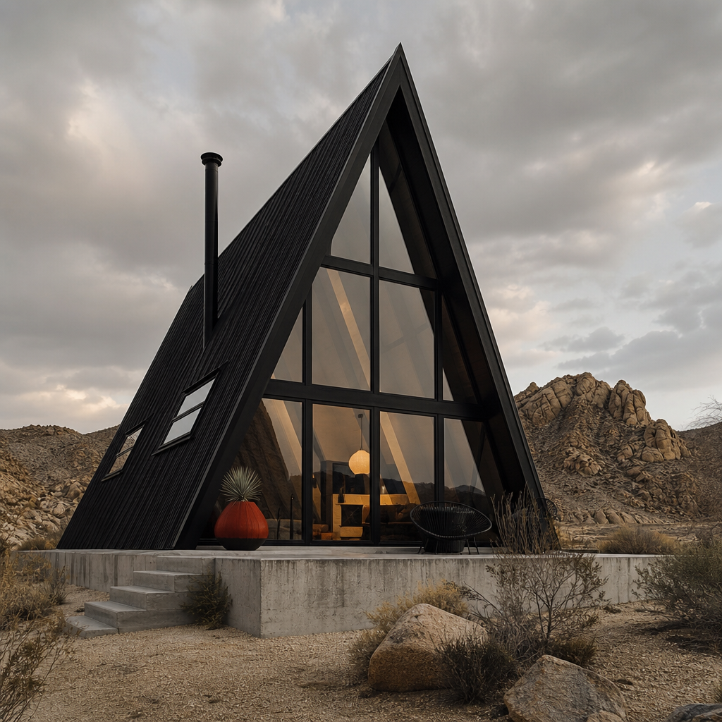 A-frame cabin at dusk