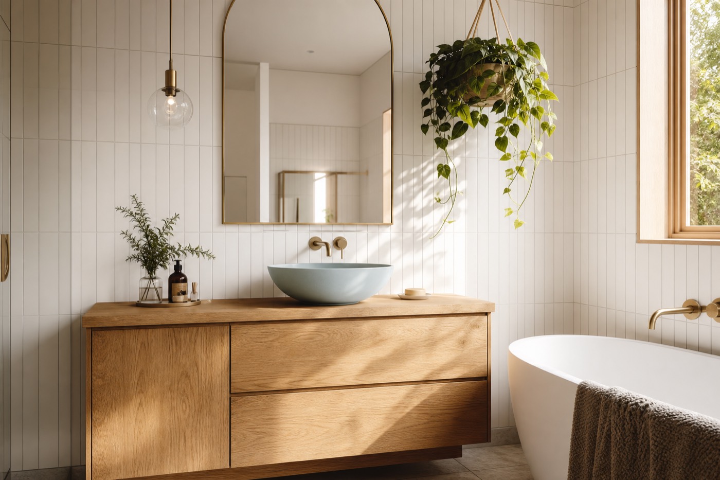 Serene tiled bathroom with oak vanity