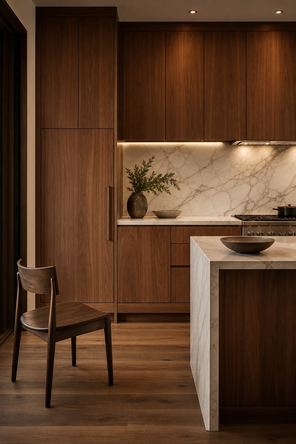 A warm modern kitchen with walnut cabinetry, a marble backsplash and a single dark chair
