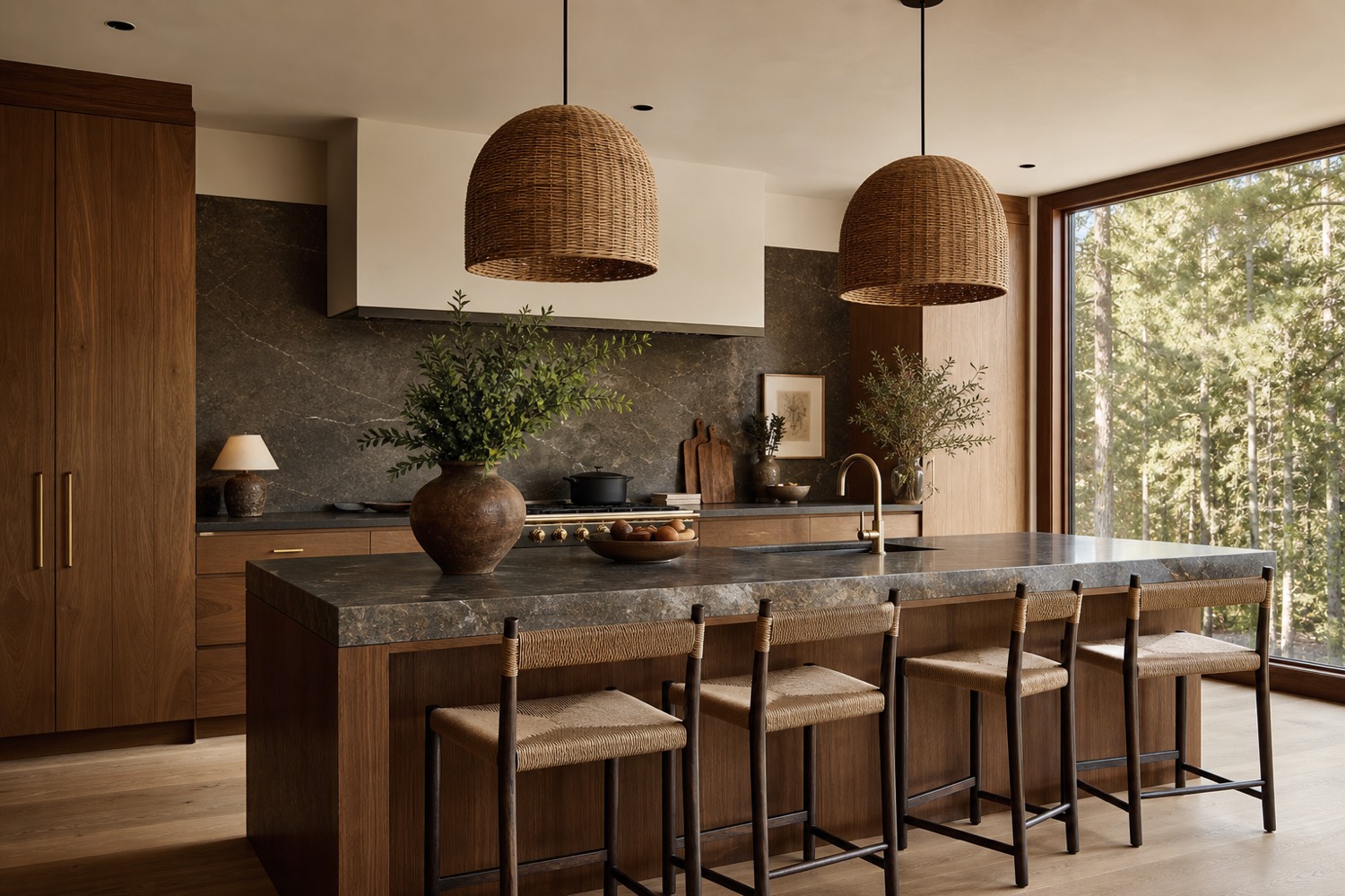 Kitchen island with a forest-view window