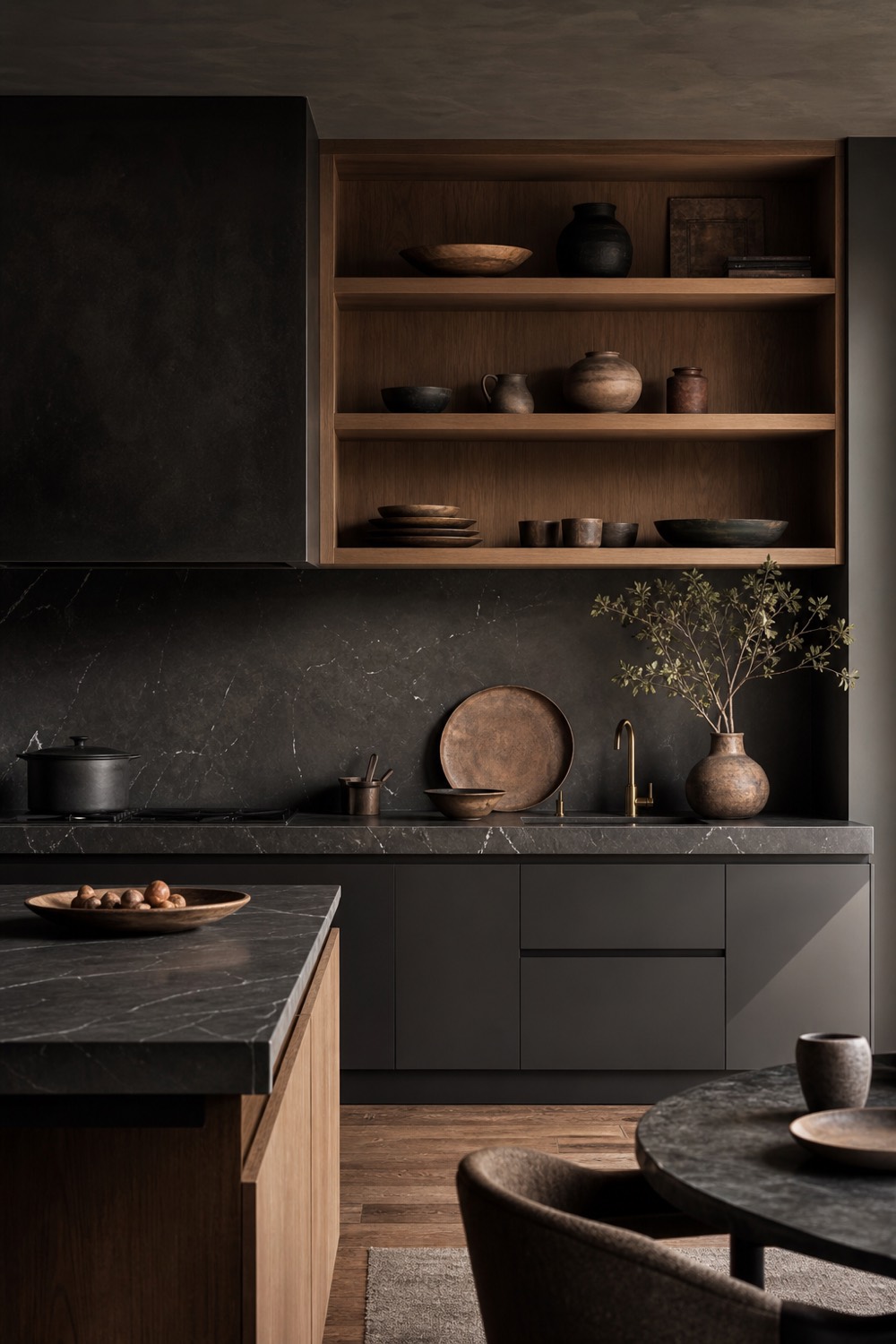 Moody dark kitchen with warm oak shelving