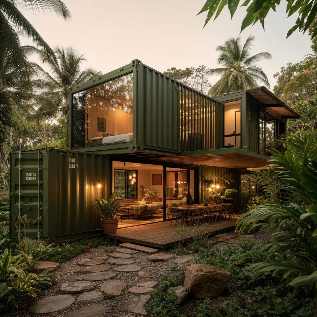 Green modular home in a garden