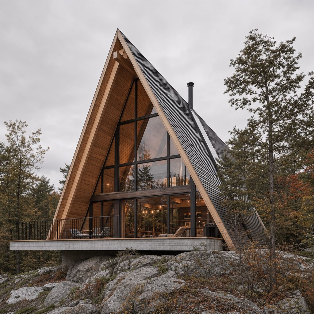 A modern timber A-frame house on a concrete base among rocks