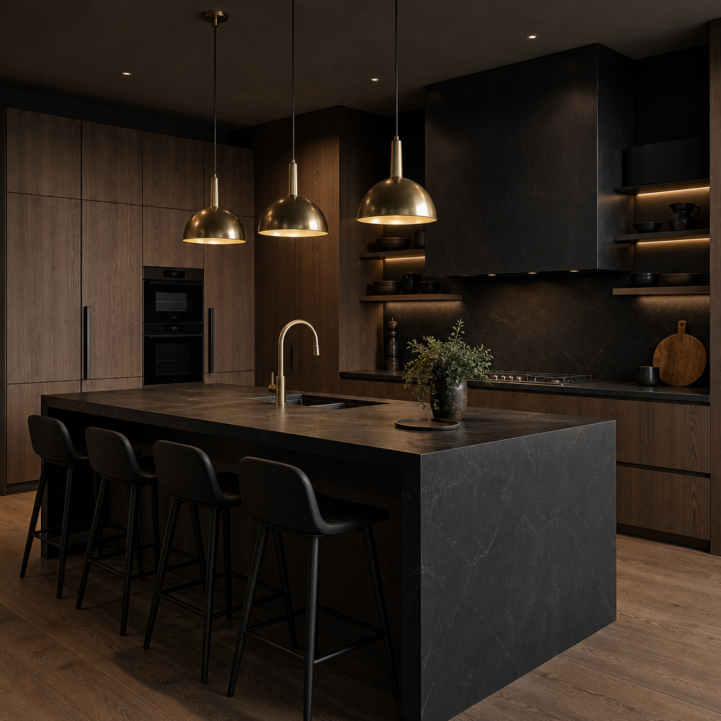 Modern dark kitchen with wood cabinetry
