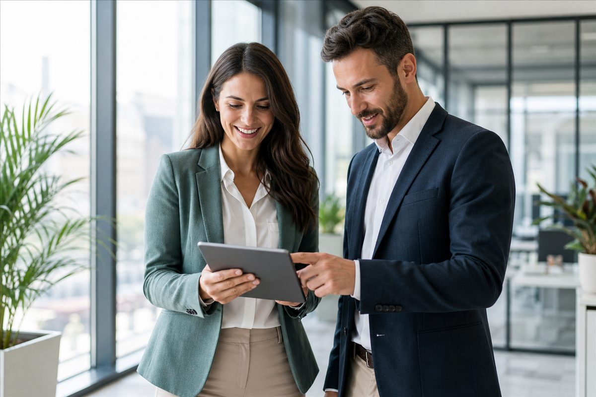 A consulting team reviewing figures together in a bright office
