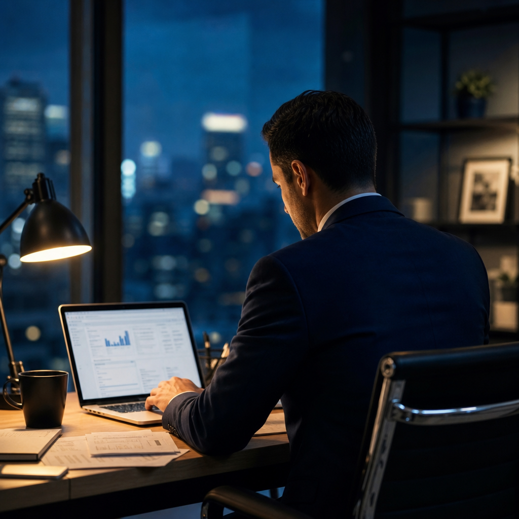 Advisor working late on a financial model