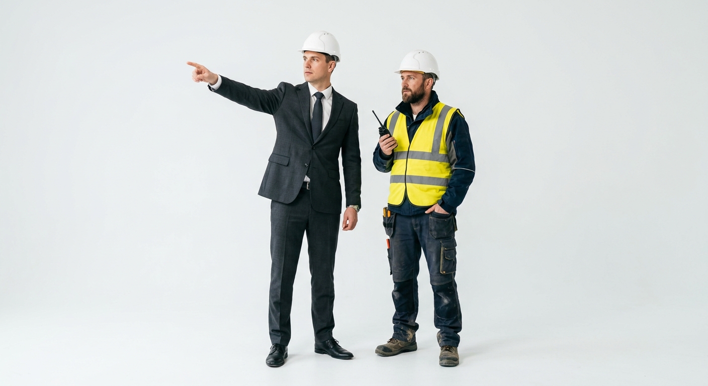 A project manager pointing while a civil engineer holds a radio on site
